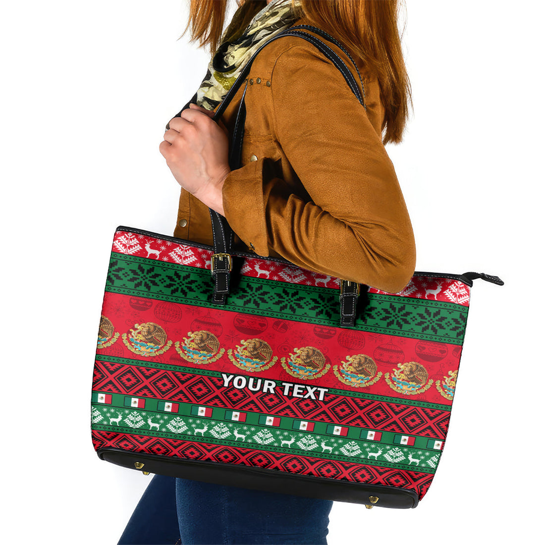 Personalised Mexico Christmas Leather Tote Bag Feliz Navidad Mexican Pattern LT14