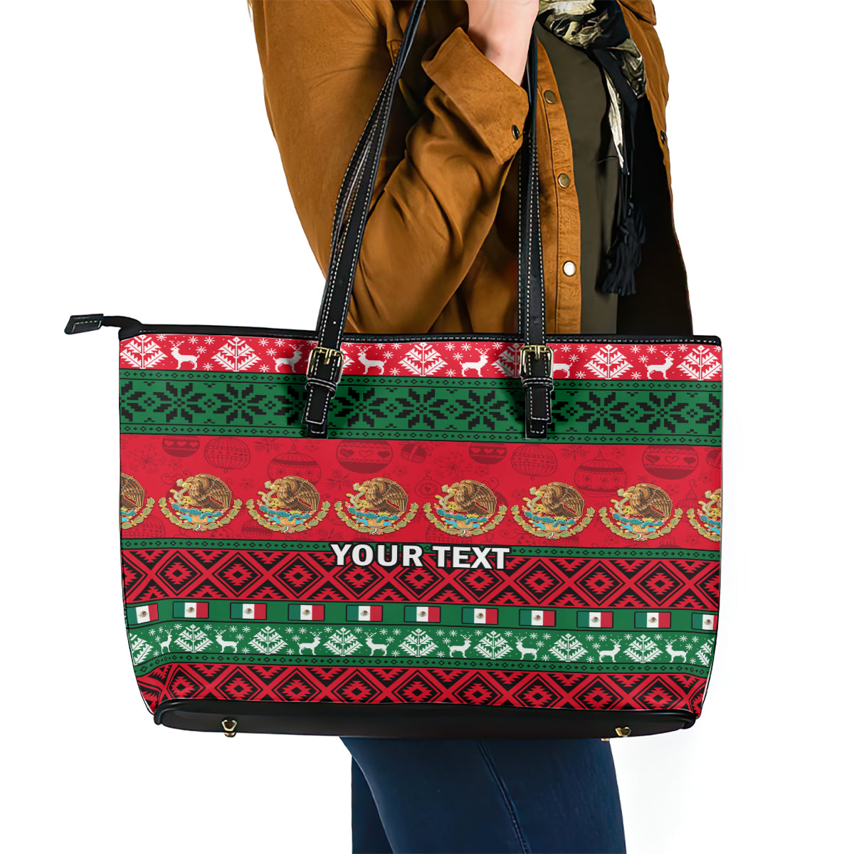 Personalised Mexico Christmas Leather Tote Bag Feliz Navidad Mexican Pattern LT14