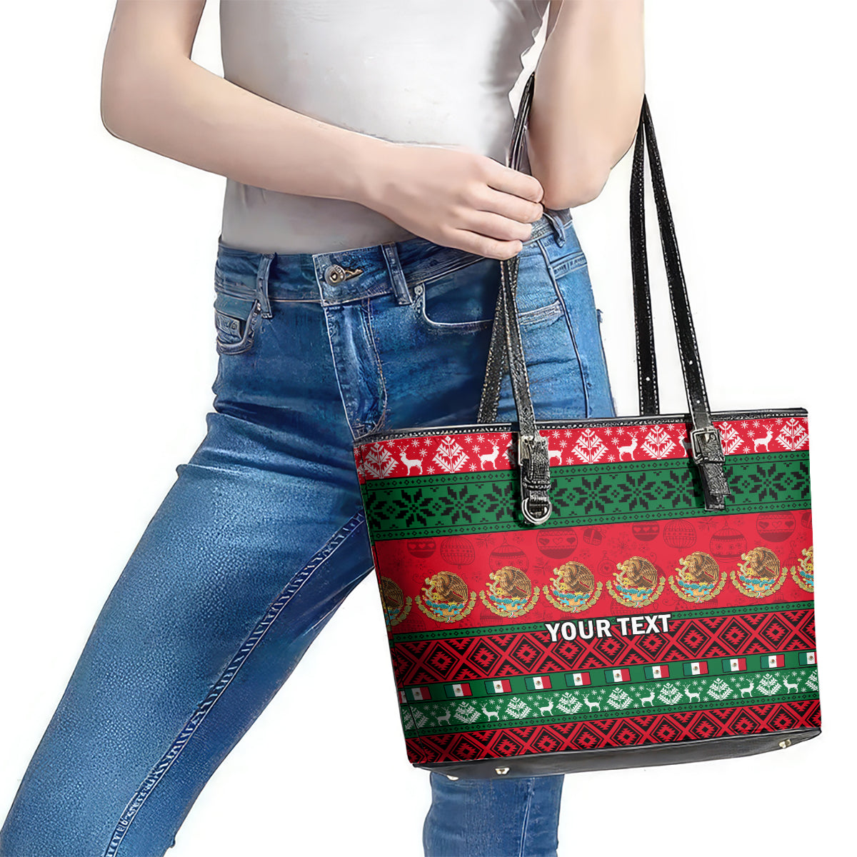 Personalised Mexico Christmas Leather Tote Bag Feliz Navidad Mexican Pattern LT14
