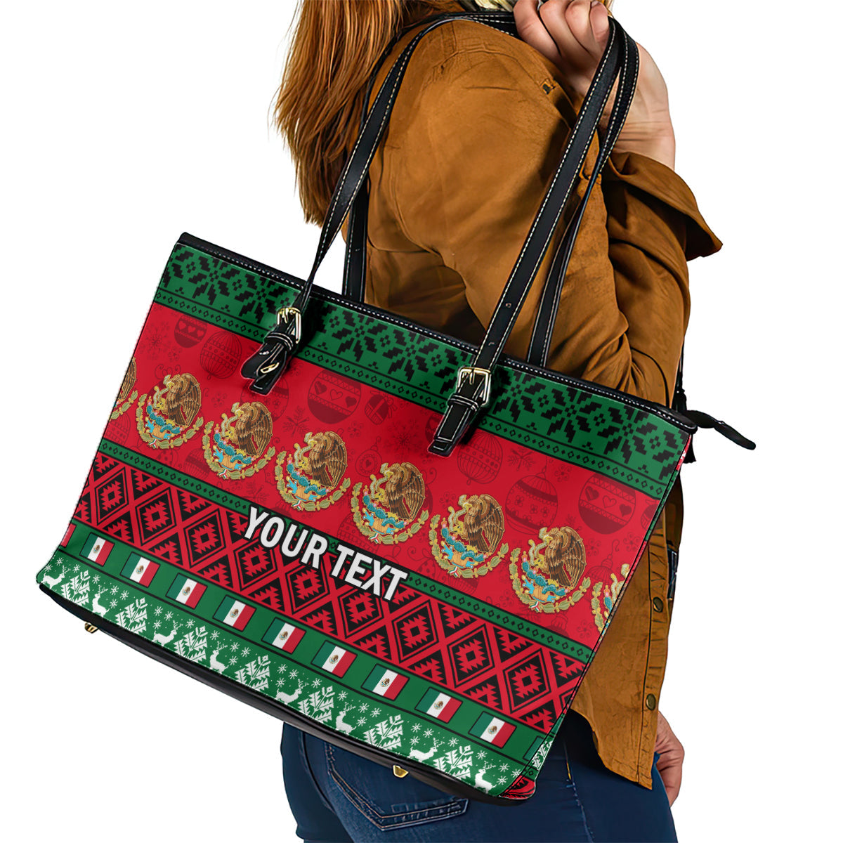 Personalised Mexico Christmas Leather Tote Bag Feliz Navidad Mexican Pattern LT14