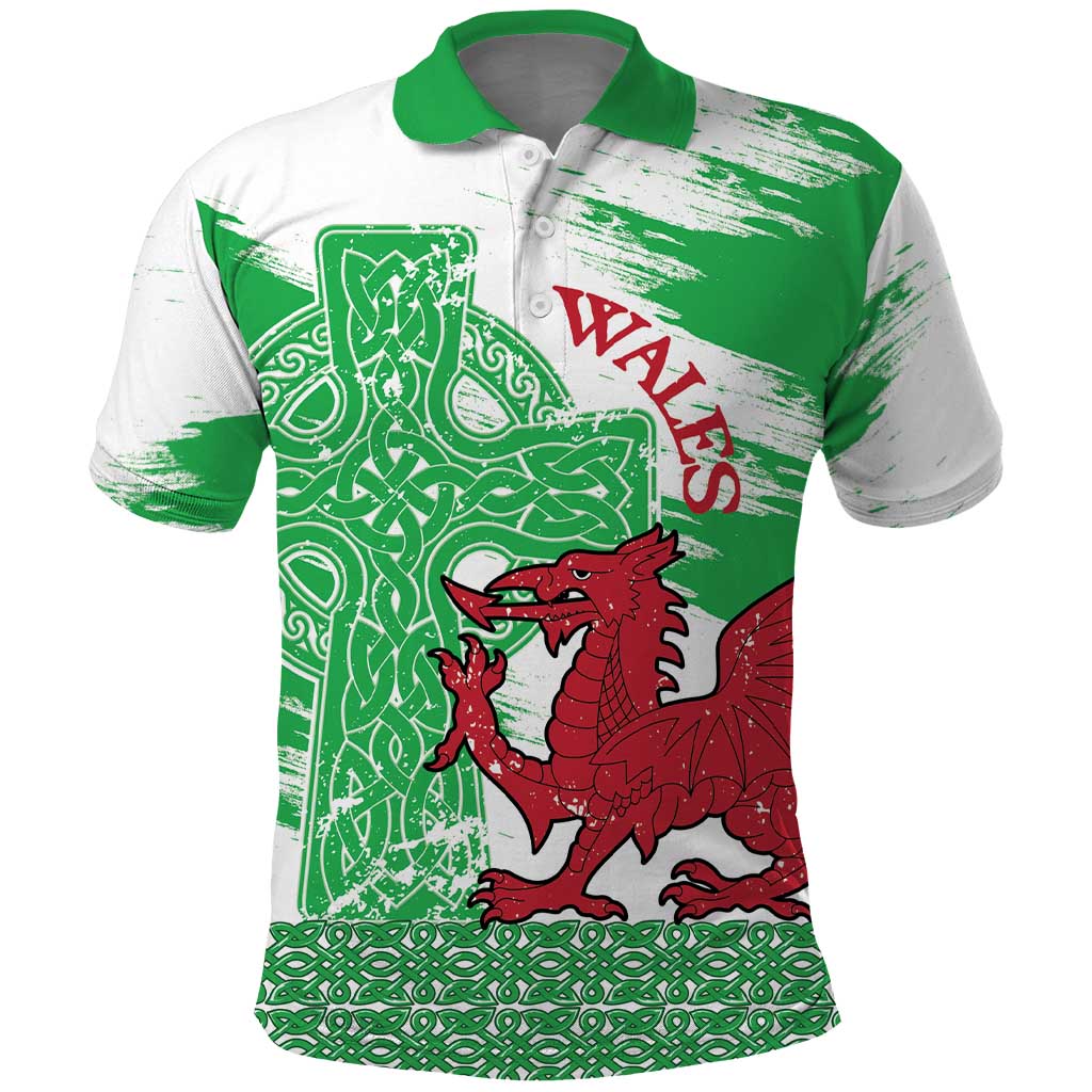Grunge Green Wales Polo Shirt Celtic Cross Welsh Red Dragon LT14