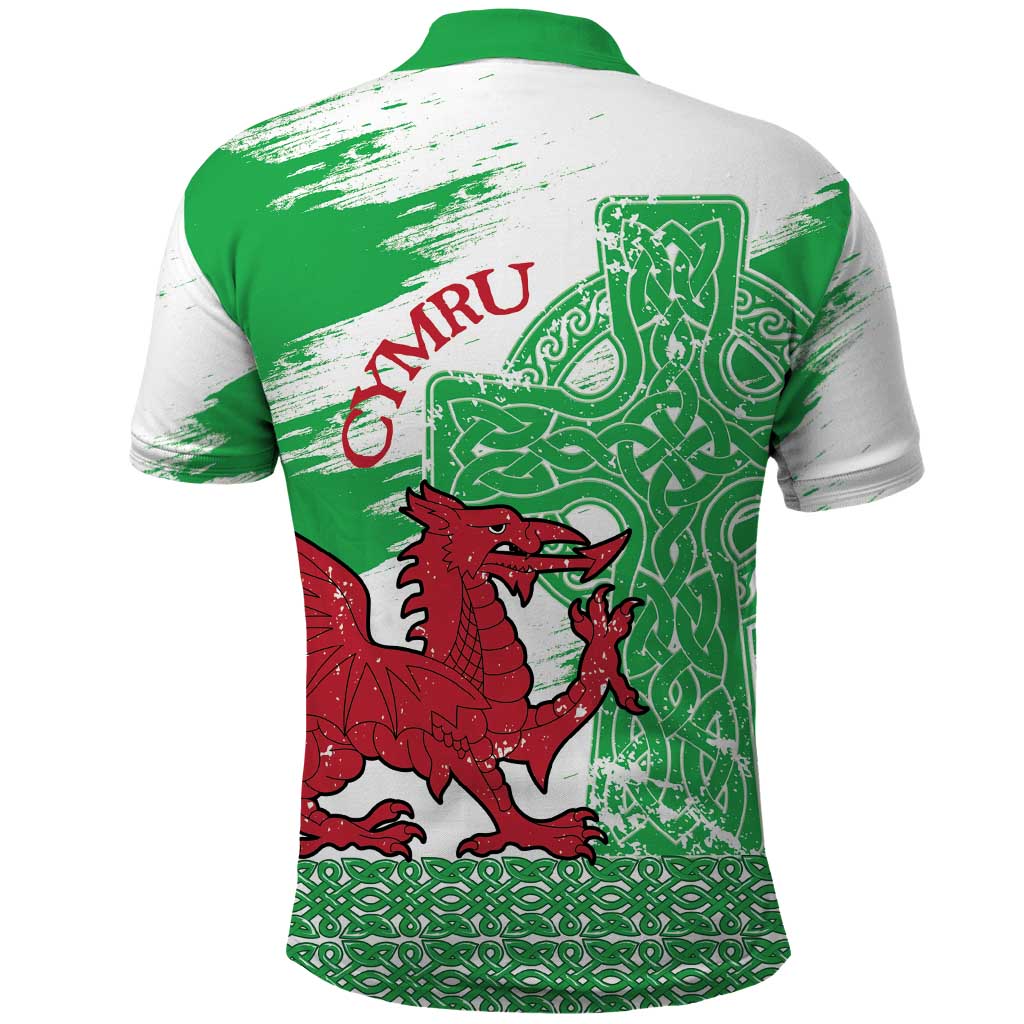 Grunge Green Wales Polo Shirt Celtic Cross Welsh Red Dragon LT14