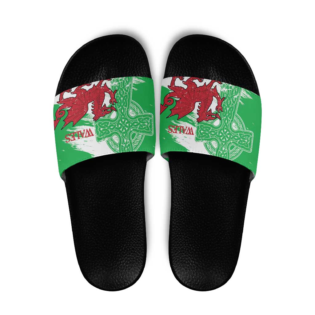 Grunge Green Wales Slide Sandals Celtic Cross Welsh Red Dragon LT14