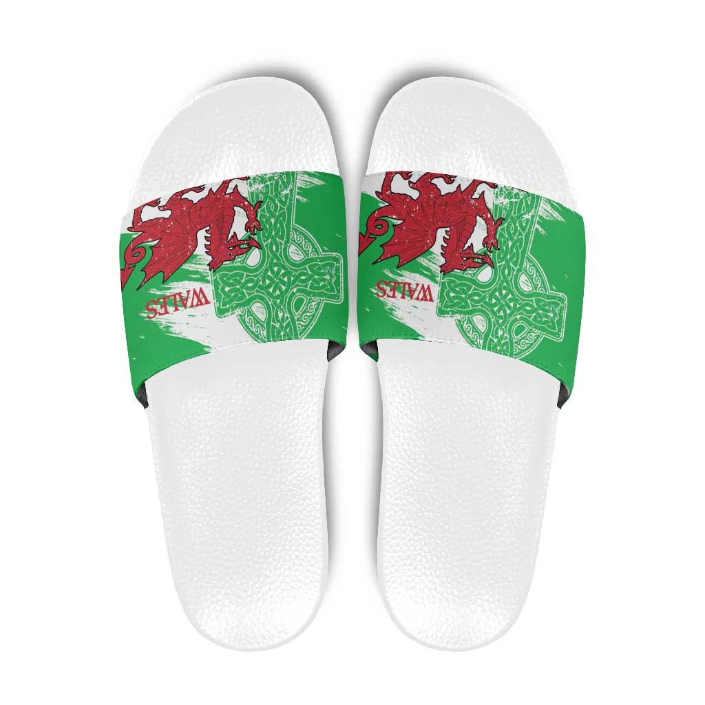Grunge Green Wales Slide Sandals Celtic Cross Welsh Red Dragon LT14
