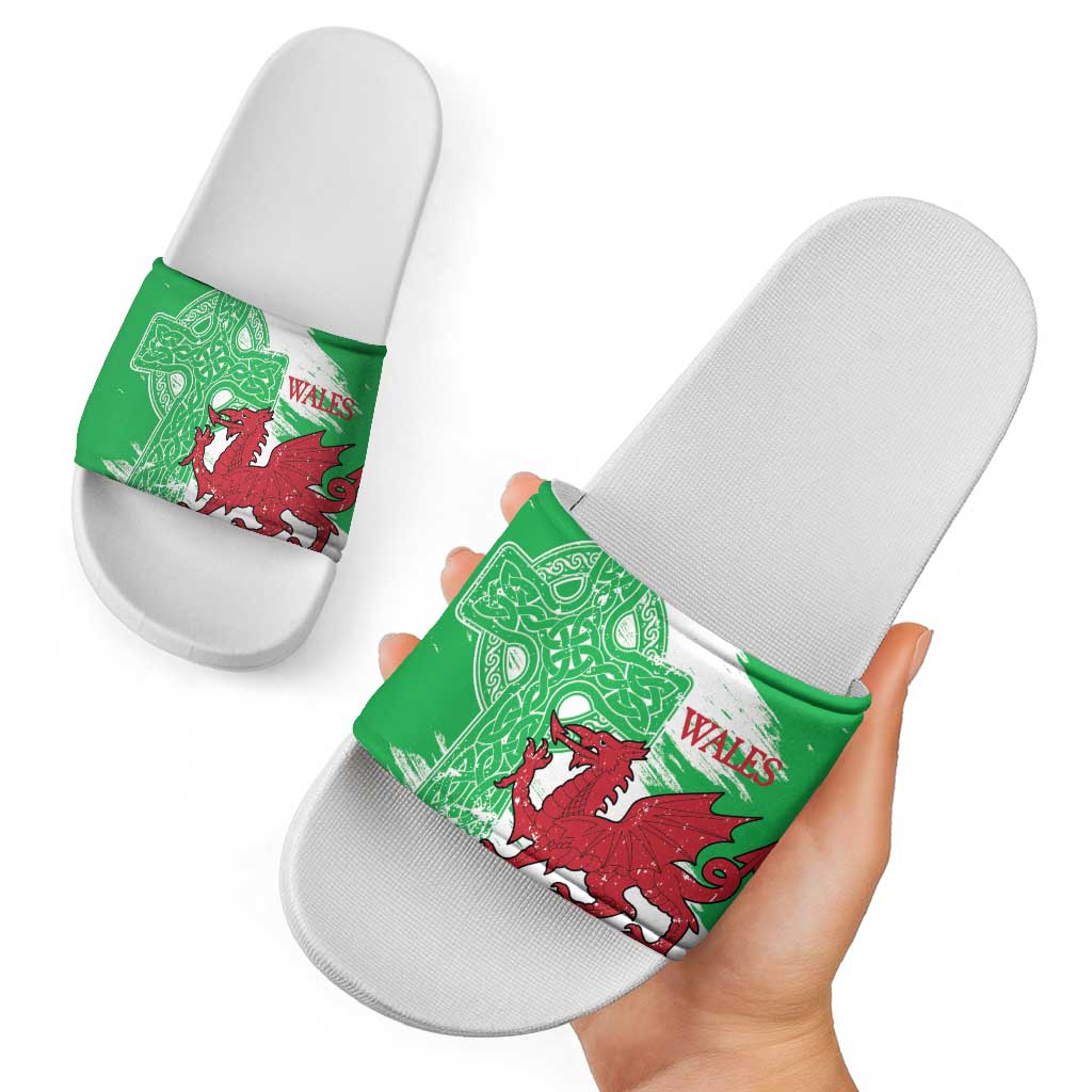 Grunge Green Wales Slide Sandals Celtic Cross Welsh Red Dragon LT14