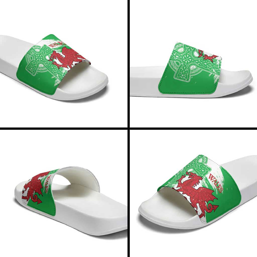 Grunge Green Wales Slide Sandals Celtic Cross Welsh Red Dragon LT14