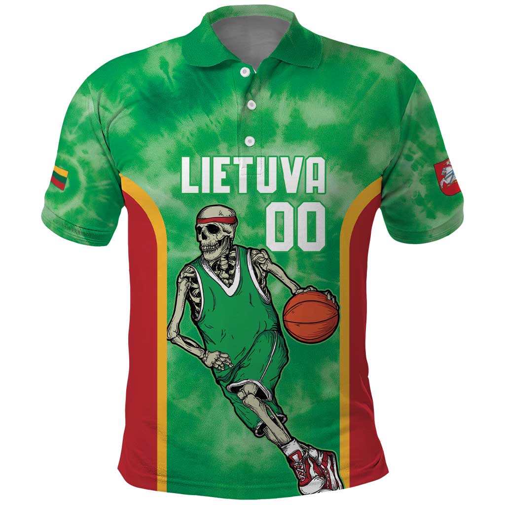 Lithuania Tie Dye Basketball Custom Polo Shirt Lietuva Skeleton Green LT14