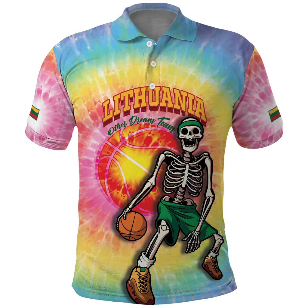 Lithuania Basketball Custom Polo Shirt 100th Anniversary Skeleton Colorful Tie Dye LT14