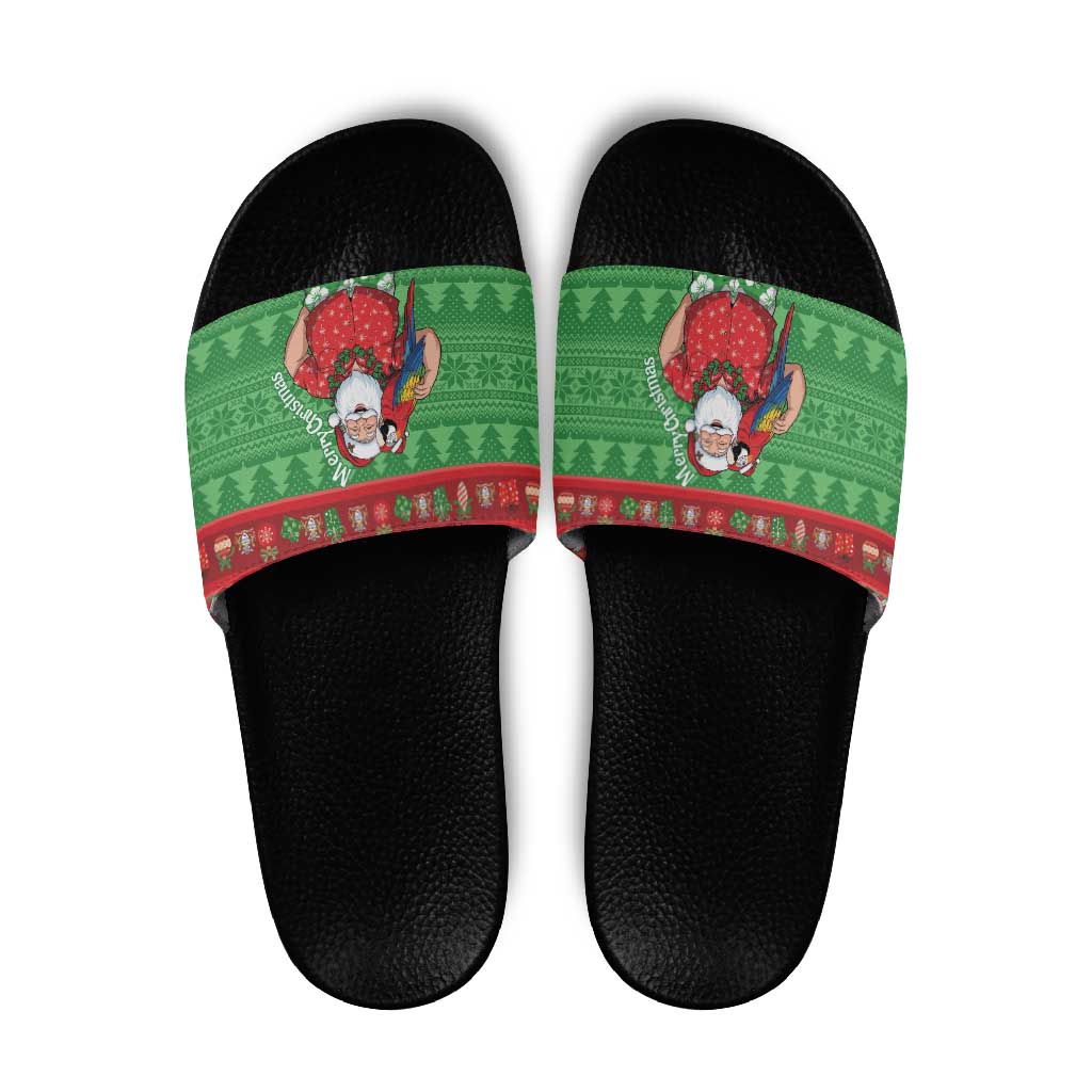 Guyana Christmas Slide Sandals Santa With Macaw Parrot Merry Xmas LT14