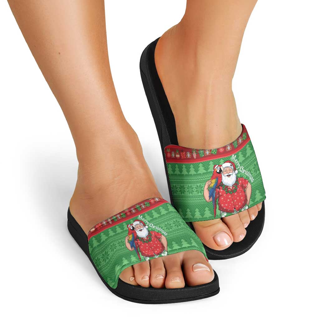 Guyana Christmas Slide Sandals Santa With Macaw Parrot Merry Xmas LT14
