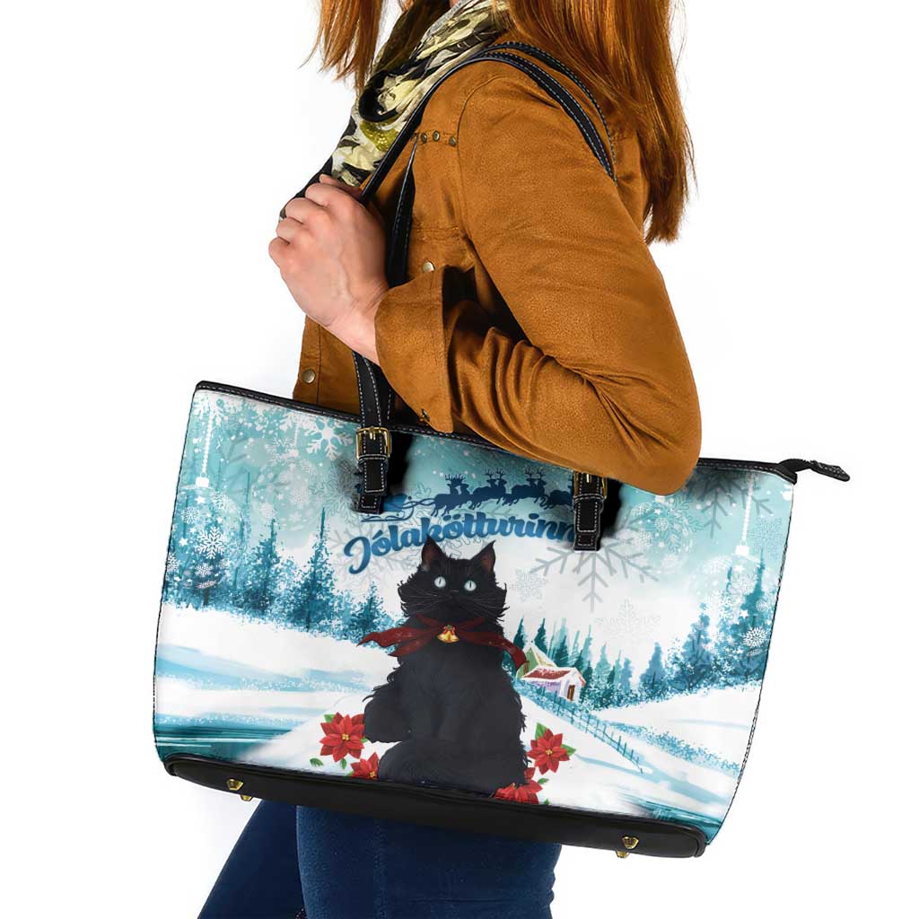 Iceland Yule Cat Christmas Leather Tote Bag Jolakotturinn With Poinsettia - Winter Vibes LT14