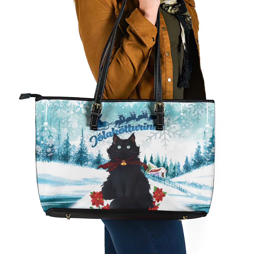 Iceland Yule Cat Christmas Leather Tote Bag Jolakotturinn With Poinsettia - Winter Vibes LT14