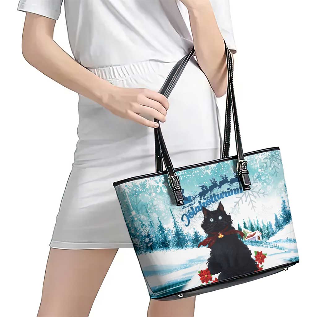 Iceland Yule Cat Christmas Leather Tote Bag Jolakotturinn With Poinsettia - Winter Vibes LT14