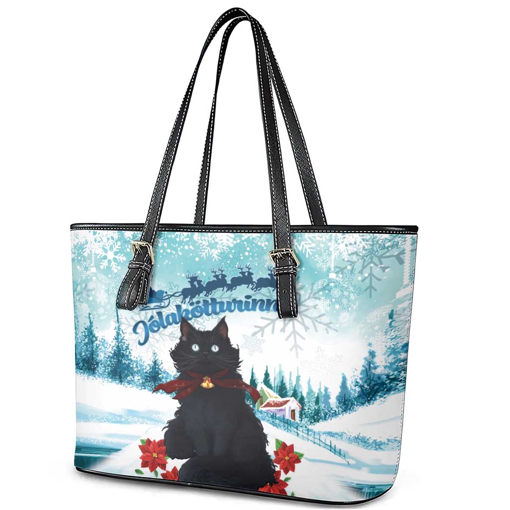 Iceland Yule Cat Christmas Leather Tote Bag Jolakotturinn With Poinsettia - Winter Vibes LT14