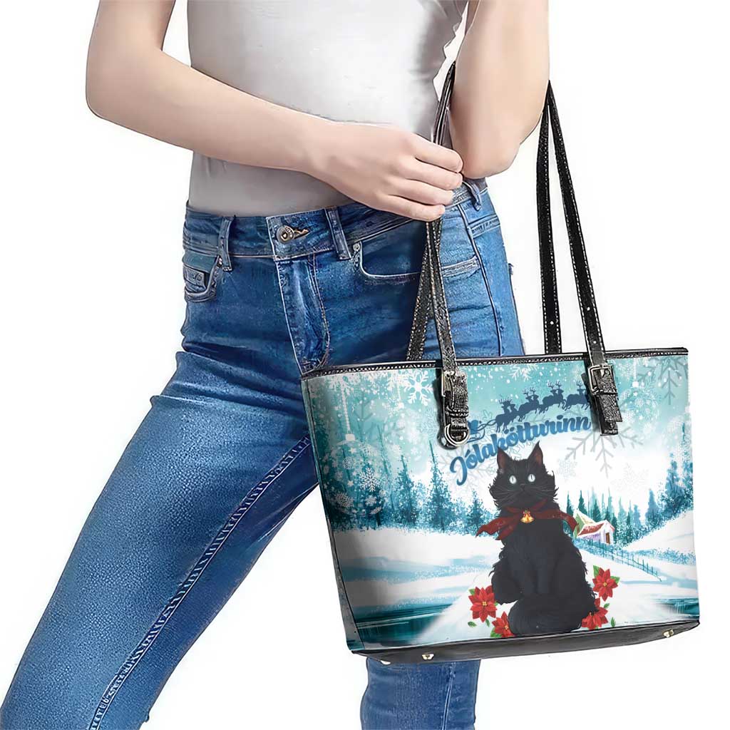 Iceland Yule Cat Christmas Leather Tote Bag Jolakotturinn With Poinsettia - Winter Vibes LT14