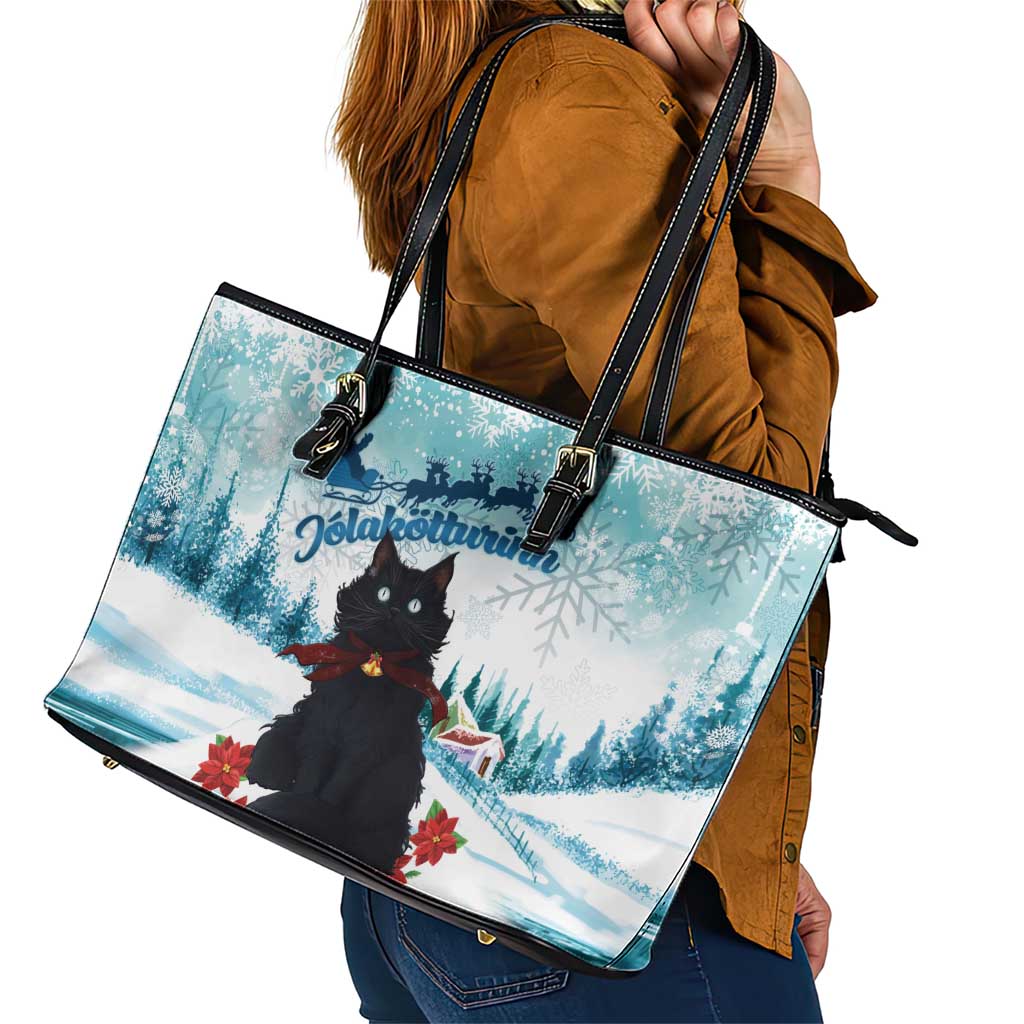 Iceland Yule Cat Christmas Leather Tote Bag Jolakotturinn With Poinsettia - Winter Vibes LT14
