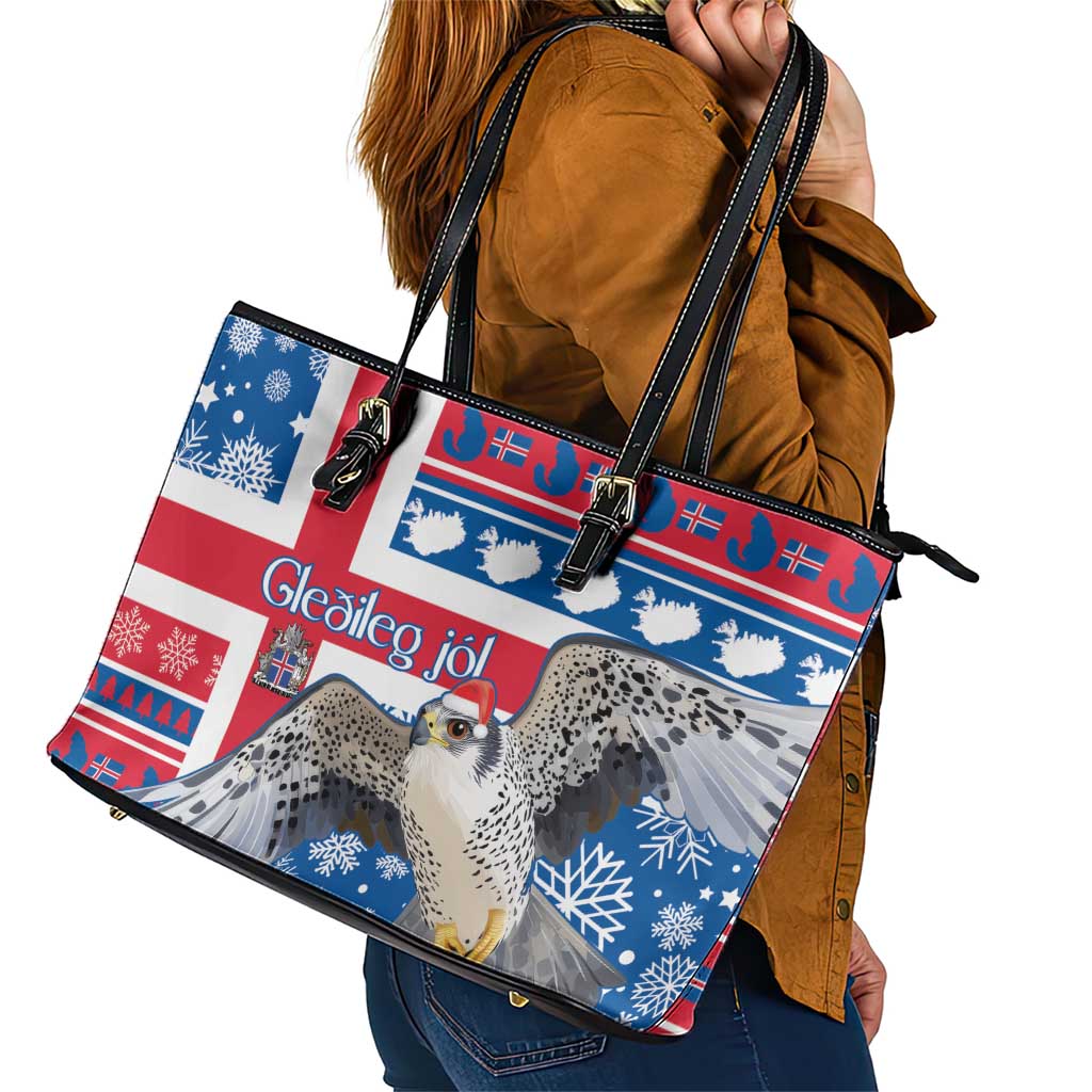 Iceland Christmas Leather Tote Bag Gyrfalcon Santa Merry Xmas LT14
