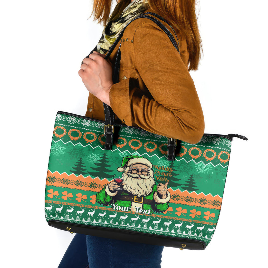 Personalised Ireland Christmas Leather Tote Bag Irish Santa Claus Nollaig Shona Duit LT14