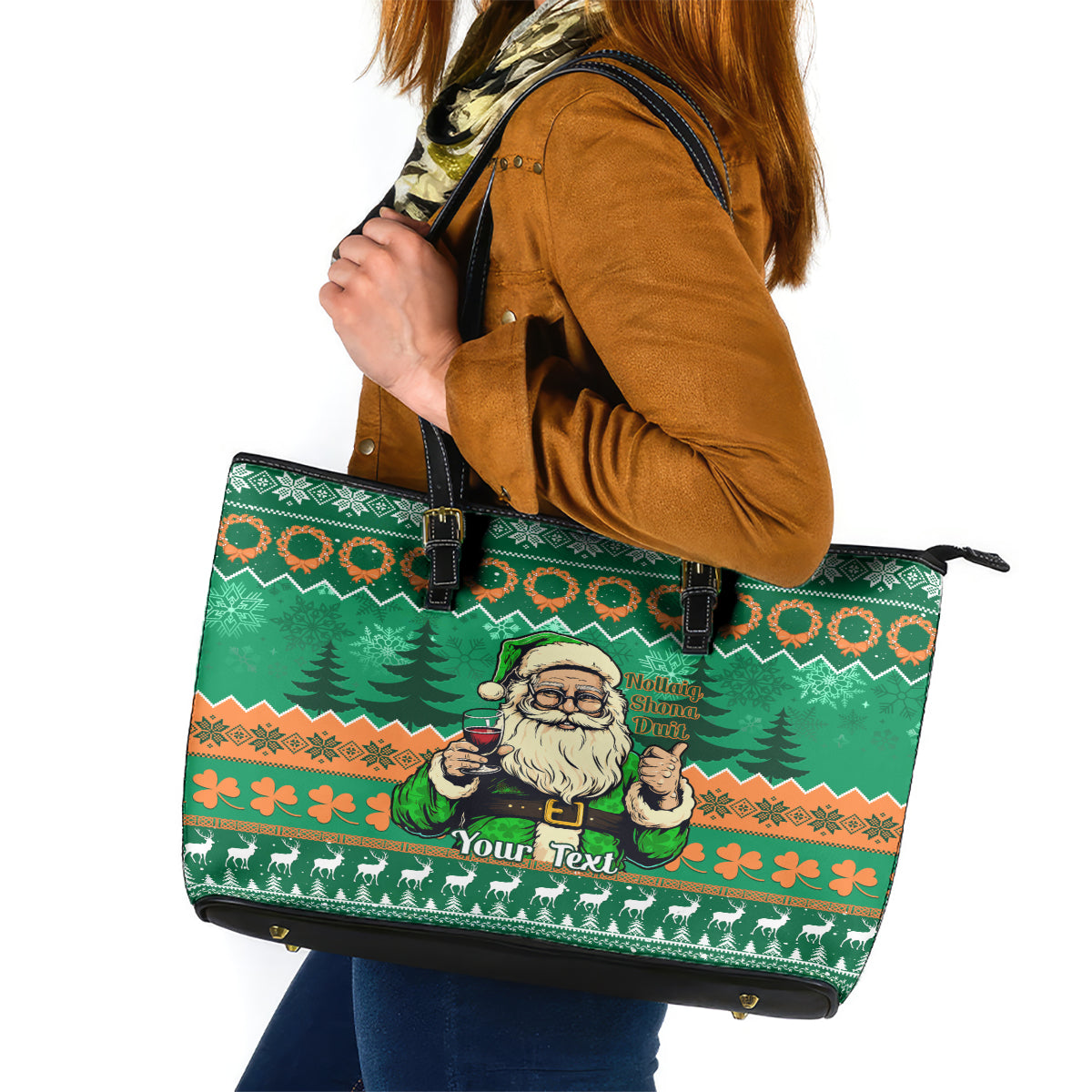 Personalised Ireland Christmas Leather Tote Bag Irish Santa Claus Nollaig Shona Duit LT14
