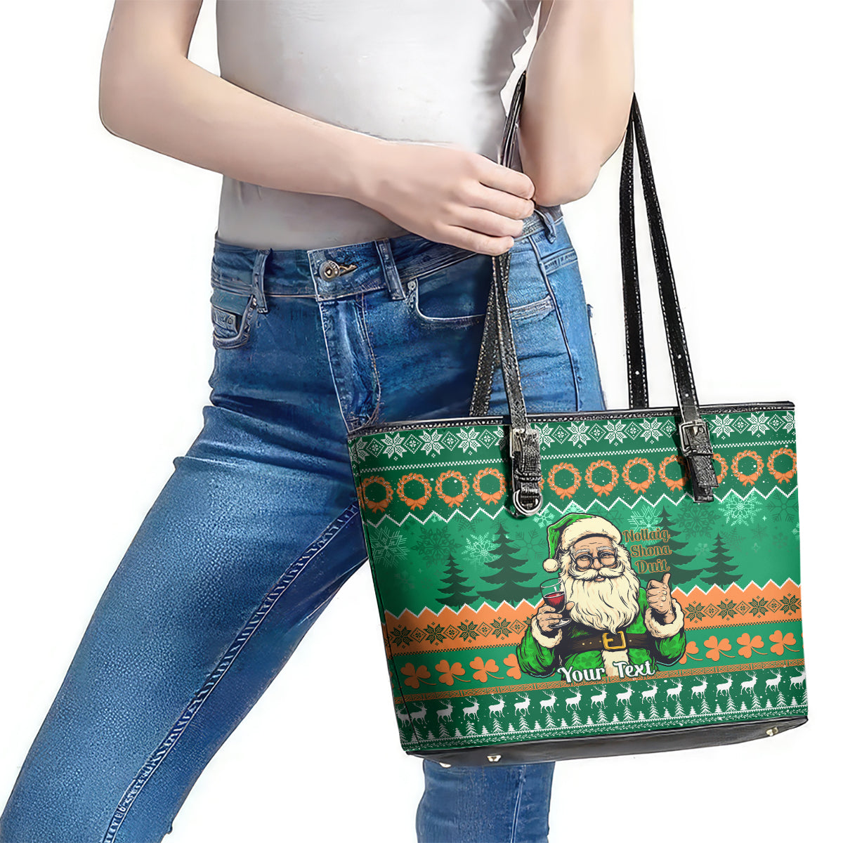 Personalised Ireland Christmas Leather Tote Bag Irish Santa Claus Nollaig Shona Duit LT14