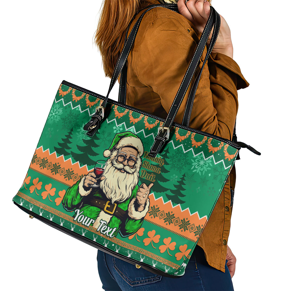 Personalised Ireland Christmas Leather Tote Bag Irish Santa Claus Nollaig Shona Duit LT14