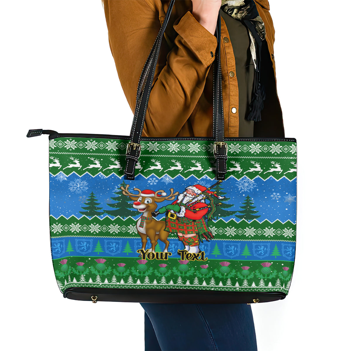 Personalised Scotland Christmas Leather Tote Bag Scottish Santa With Reindeer Nollaig Chridheil LT14