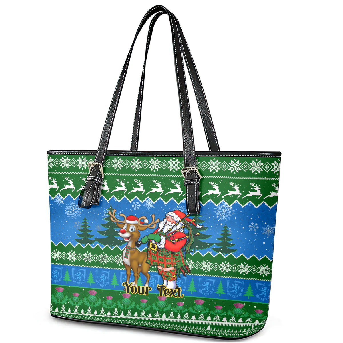 Personalised Scotland Christmas Leather Tote Bag Scottish Santa With Reindeer Nollaig Chridheil LT14