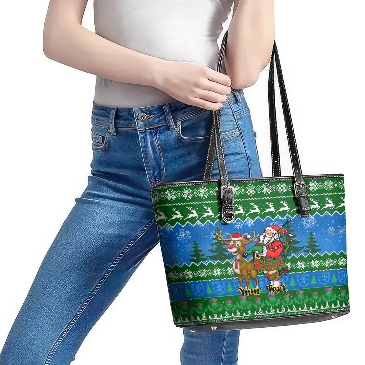 Personalised Scotland Christmas Leather Tote Bag Scottish Santa With Reindeer Nollaig Chridheil LT14