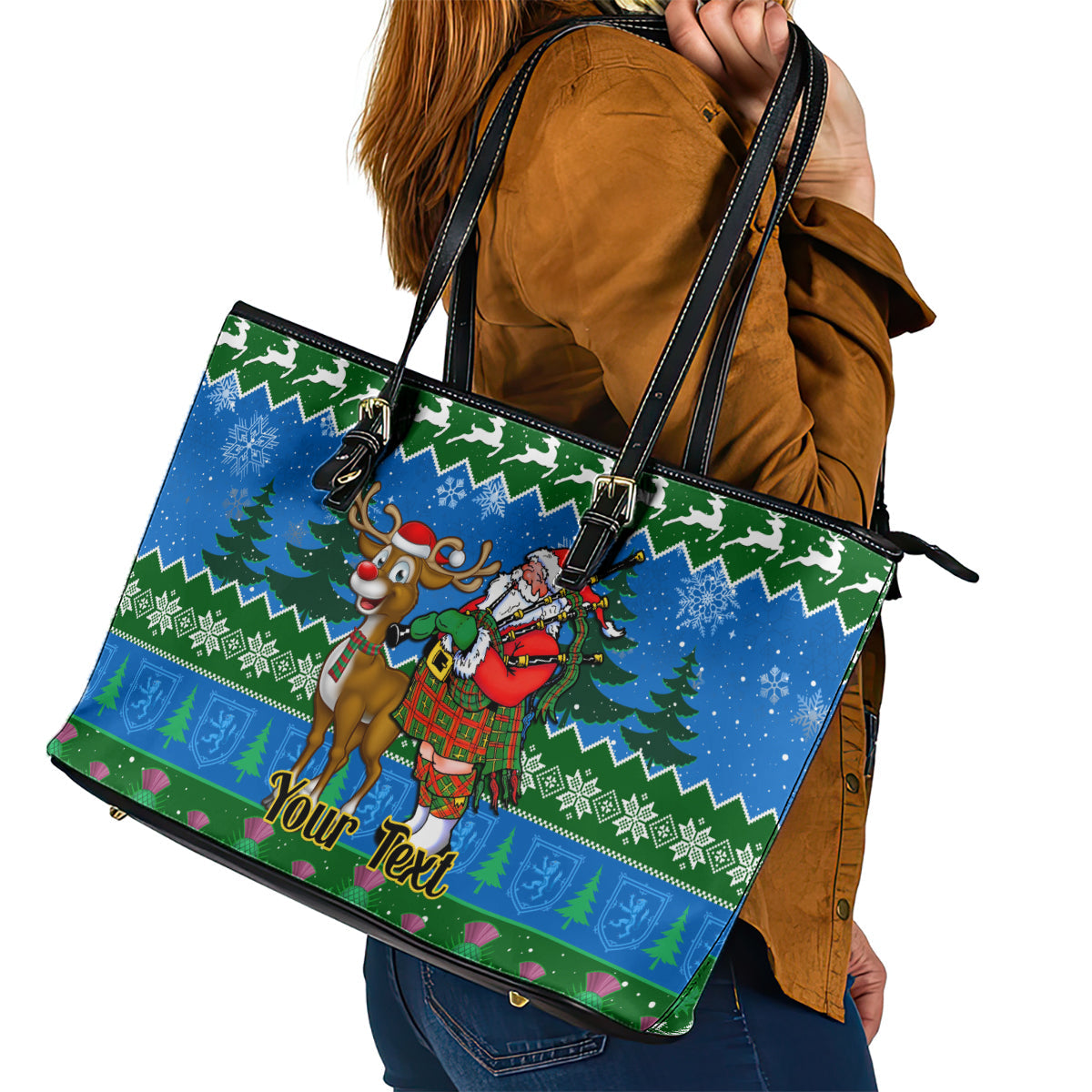 Personalised Scotland Christmas Leather Tote Bag Scottish Santa With Reindeer Nollaig Chridheil LT14