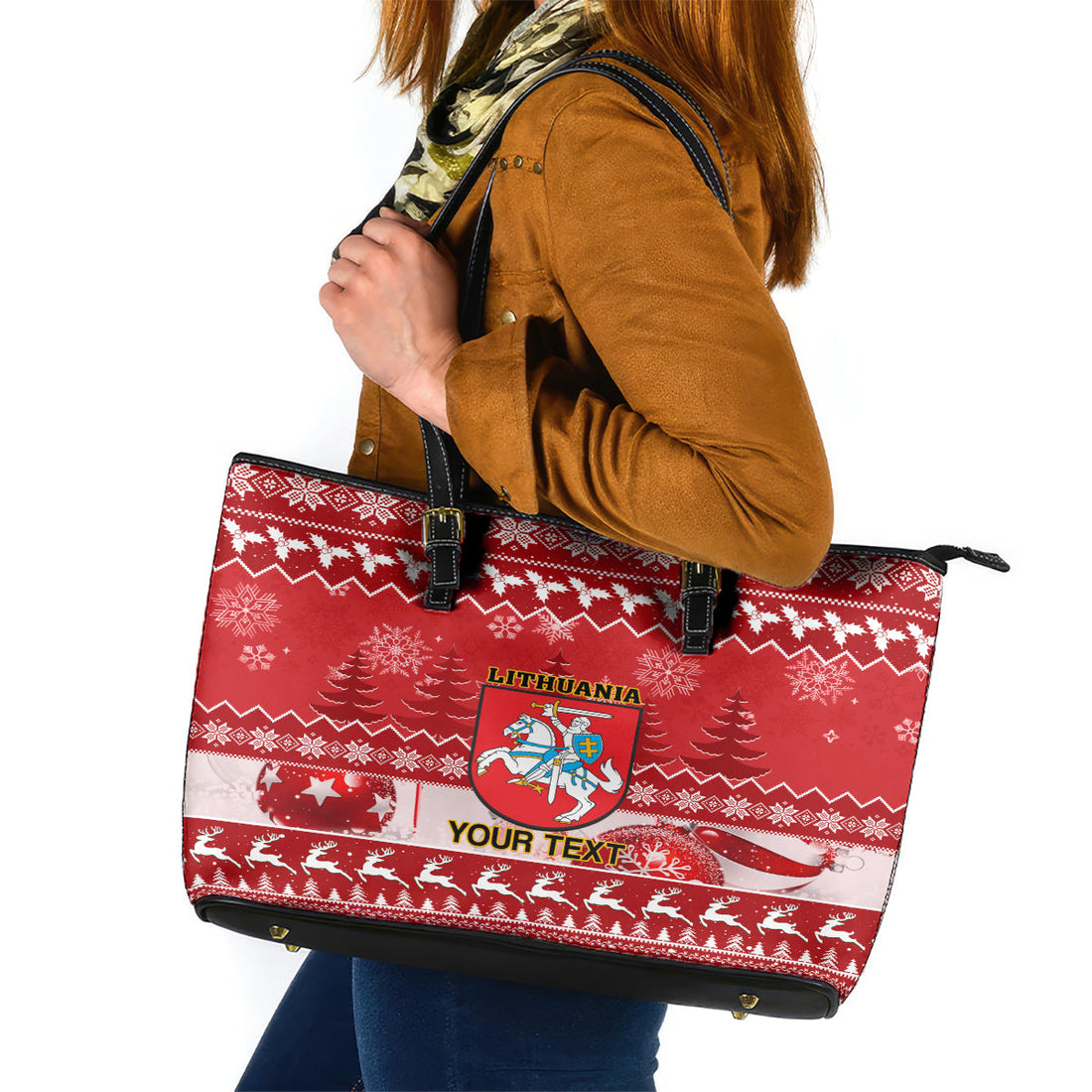 Personalised Lithuania Christmas Leather Tote Bag Linksmu Kaledu LT14
