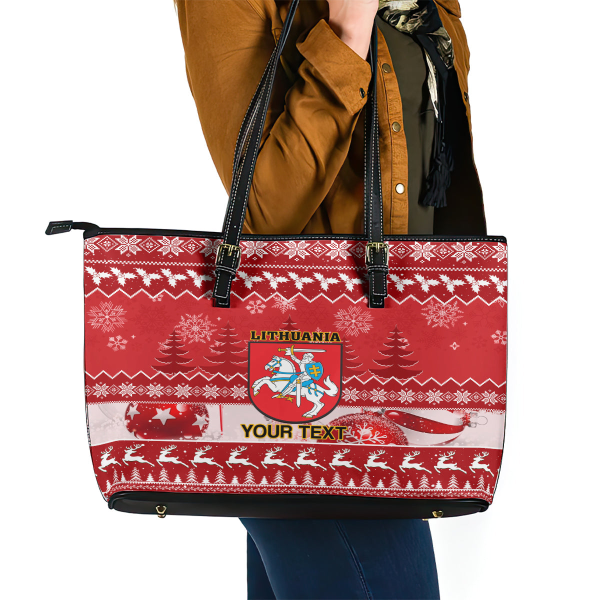 Personalised Lithuania Christmas Leather Tote Bag Linksmu Kaledu LT14