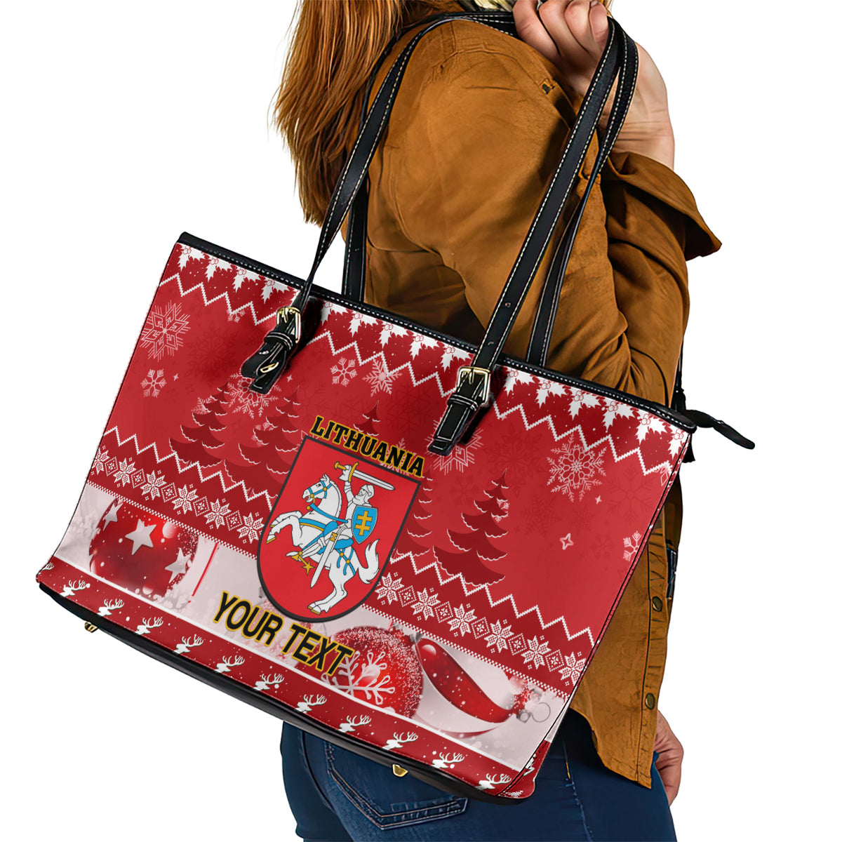 Personalised Lithuania Christmas Leather Tote Bag Linksmu Kaledu LT14