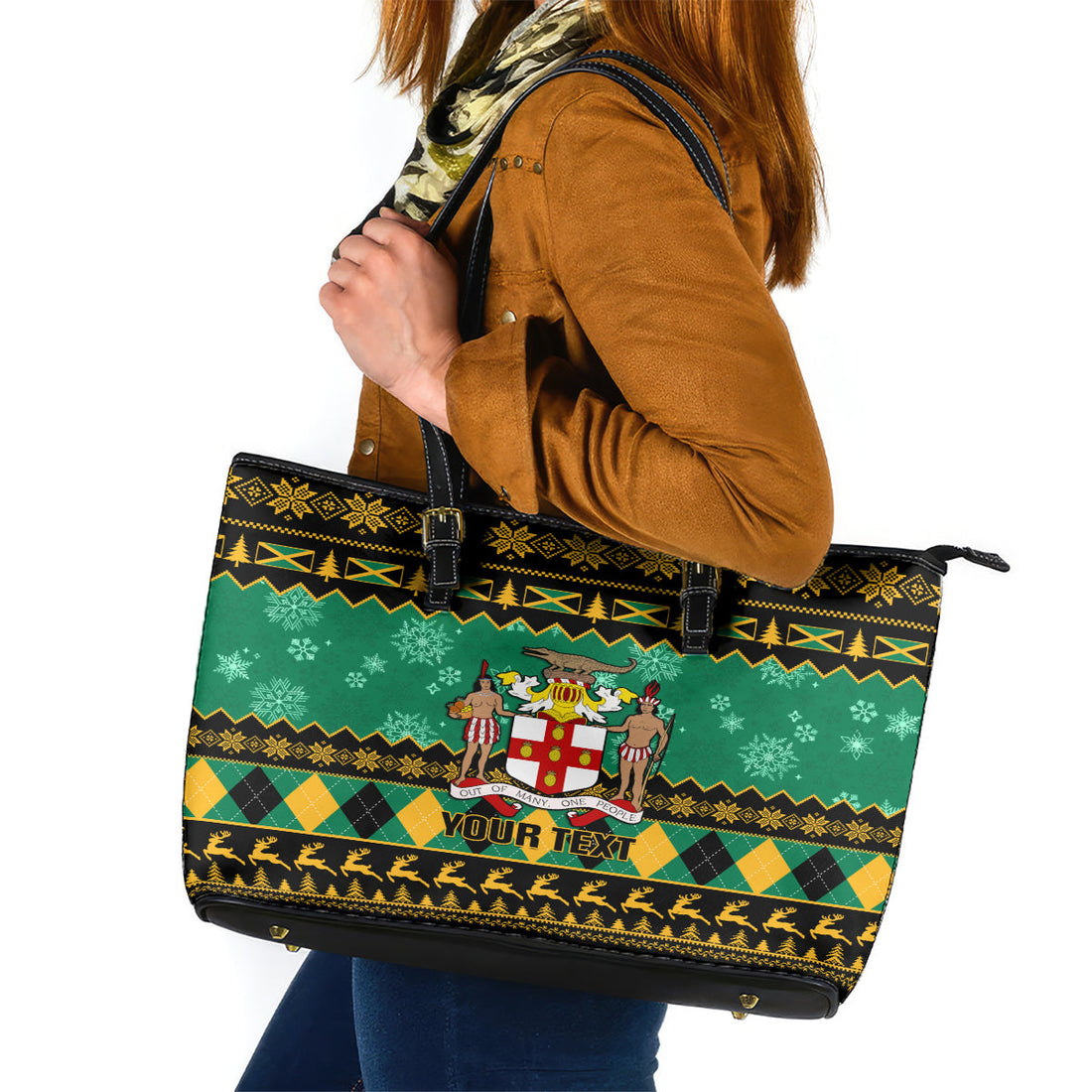 Personalised Jamaica Christmas Leather Tote Bag Jamaican Coat Of Arms Xmas Vibes LT14