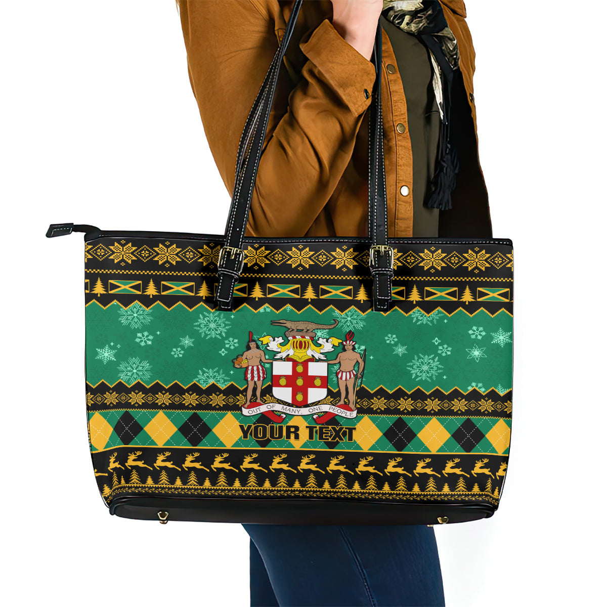 Personalised Jamaica Christmas Leather Tote Bag Jamaican Coat Of Arms Xmas Vibes LT14
