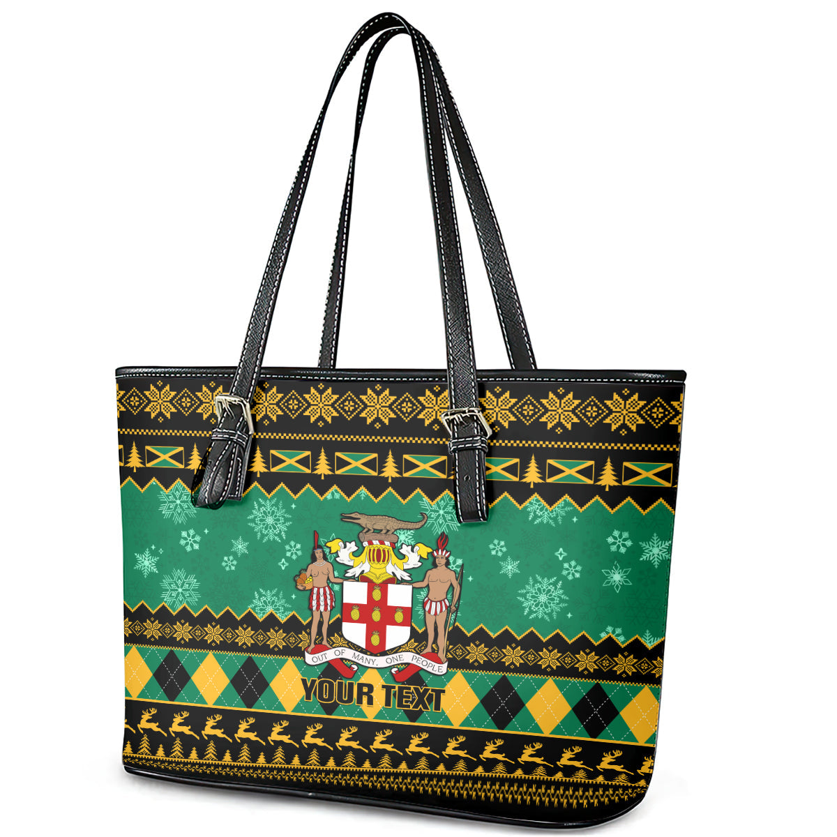 Personalised Jamaica Christmas Leather Tote Bag Jamaican Coat Of Arms Xmas Vibes LT14