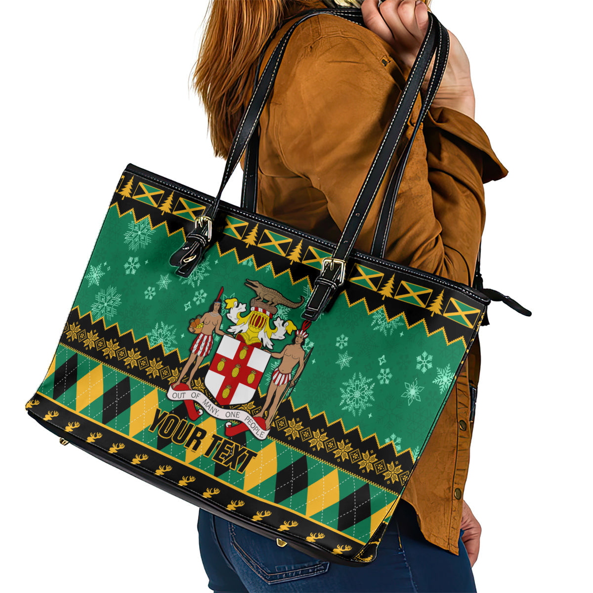 Personalised Jamaica Christmas Leather Tote Bag Jamaican Coat Of Arms Xmas Vibes LT14