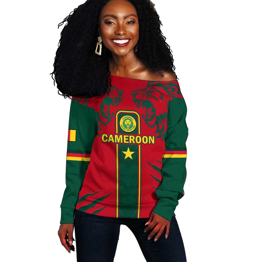 Custom Cameroon Football Off Shoulder Sweater 2024 African Nations Go Champions Lion Style LT14
