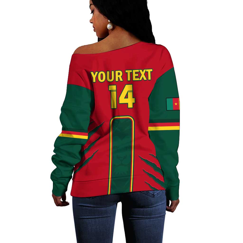 Custom Cameroon Football Off Shoulder Sweater 2024 African Nations Go Champions Lion Style LT14