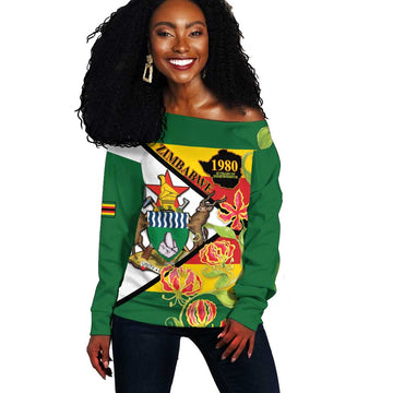 Nyika yeZimbabwe Off Shoulder Sweater Happy Independence Day - Flame Lily Flowers LT14