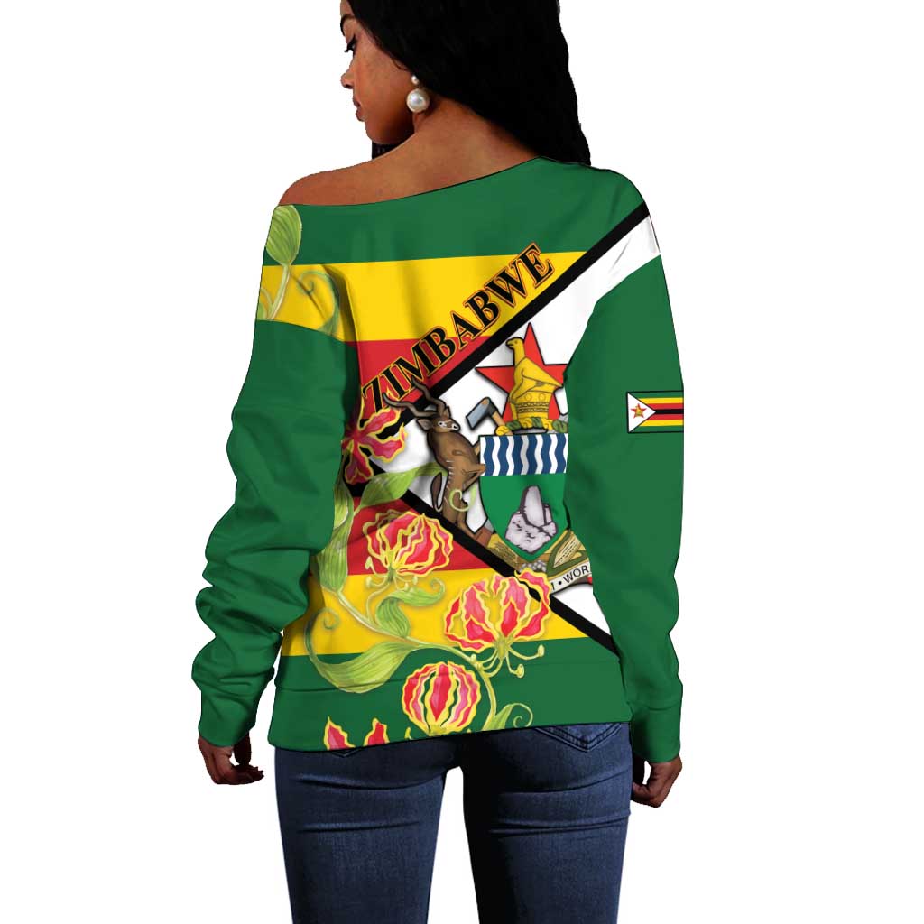 Nyika yeZimbabwe Off Shoulder Sweater Happy Independence Day - Flame Lily Flowers LT14
