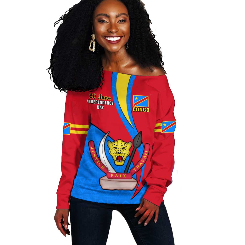 Personalised Democratic Republic of the Congo Independence Day Off Shoulder Sweater Coat Of Arms Happy 30 June LT14