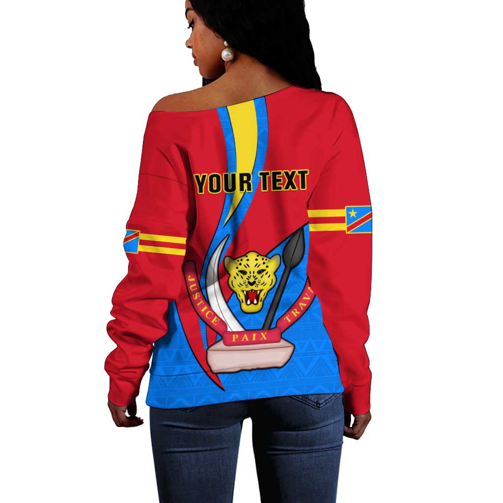Personalised Democratic Republic of the Congo Independence Day Off Shoulder Sweater Coat Of Arms Happy 30 June LT14