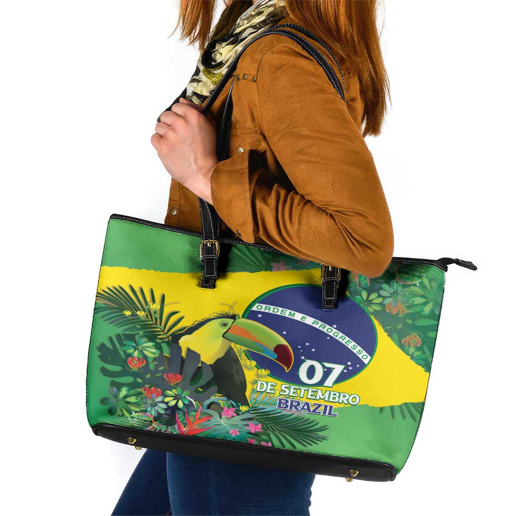 Feliz Dia Da Indepencencia Brazil Leather Tote Bag Brasil Toucan Tropical Vibes LT14