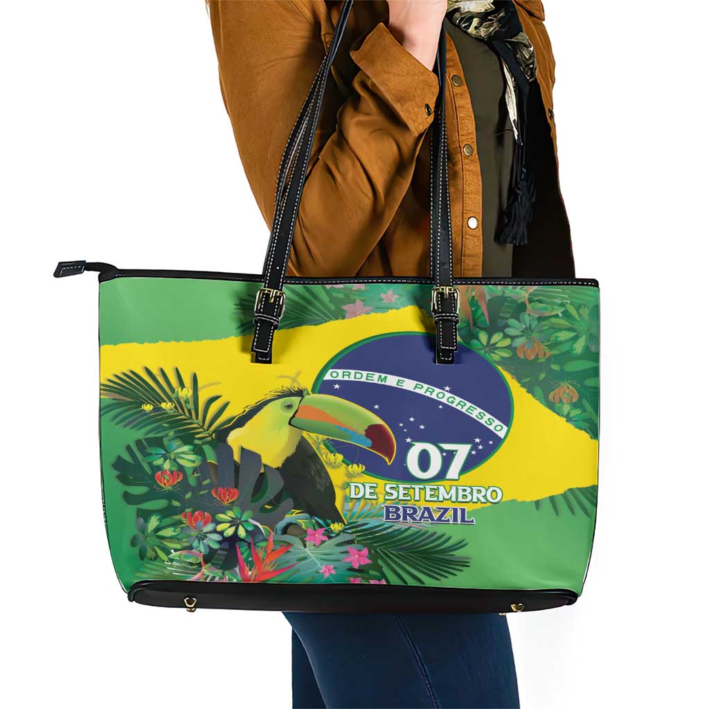 Feliz Dia Da Indepencencia Brazil Leather Tote Bag Brasil Toucan Tropical Vibes LT14