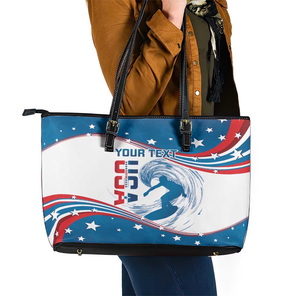 Personalized USA Surfing Leather Tote Bag 2024 United States Flag Curve Style LT14
