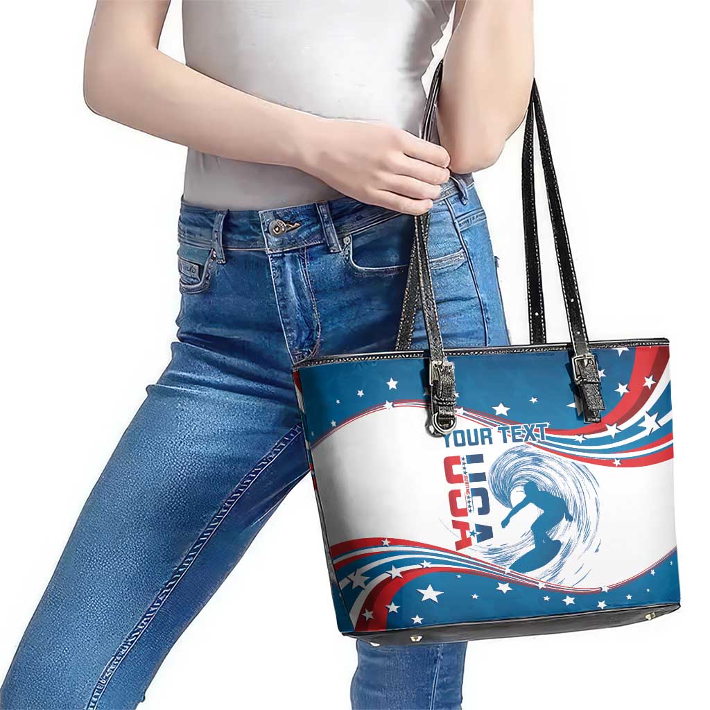 Personalized USA Surfing Leather Tote Bag 2024 United States Flag Curve Style LT14