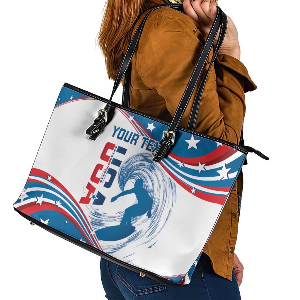 Personalized USA Surfing Leather Tote Bag 2024 United States Flag Curve Style LT14