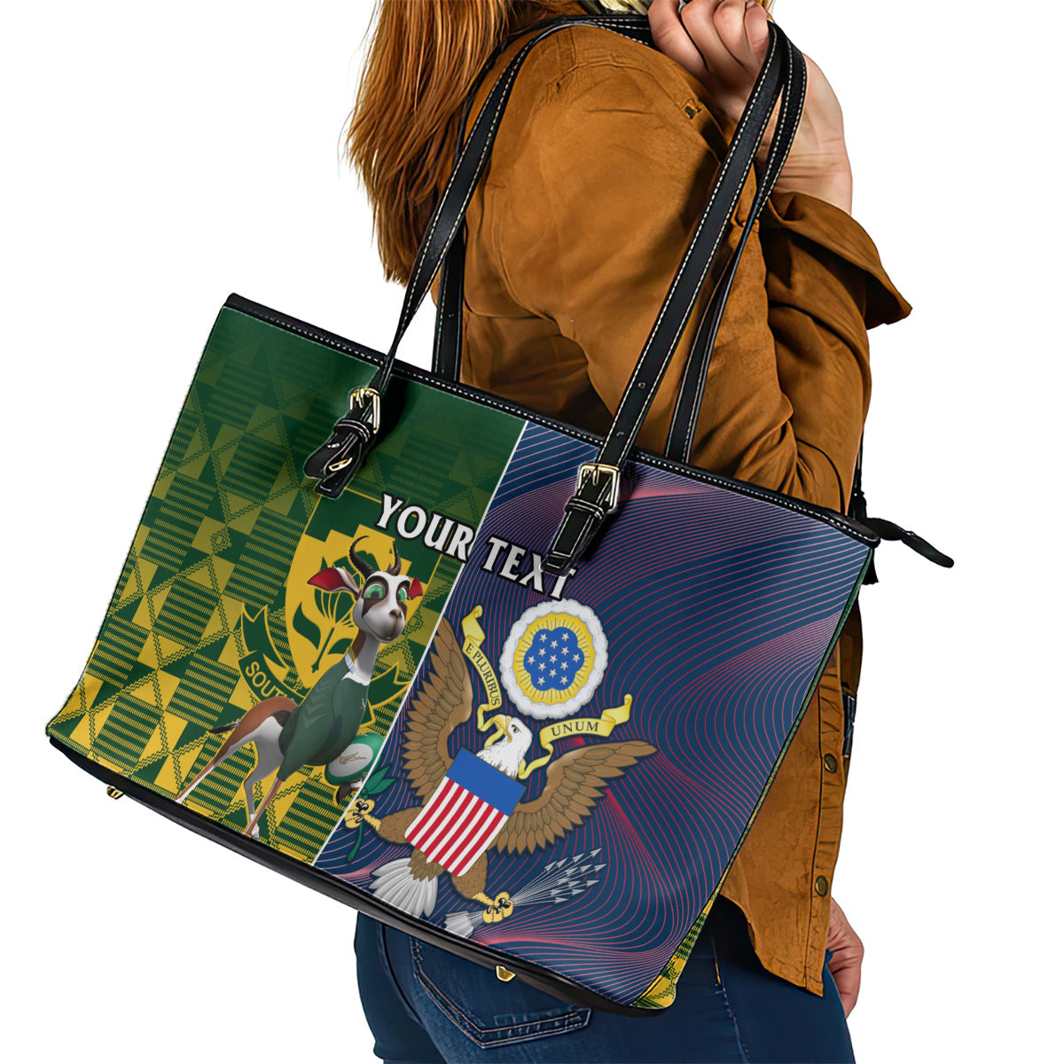 Custom South Africa And United States Rugby Leather Tote Bag 2023 Springboks Combine Eagles LT14