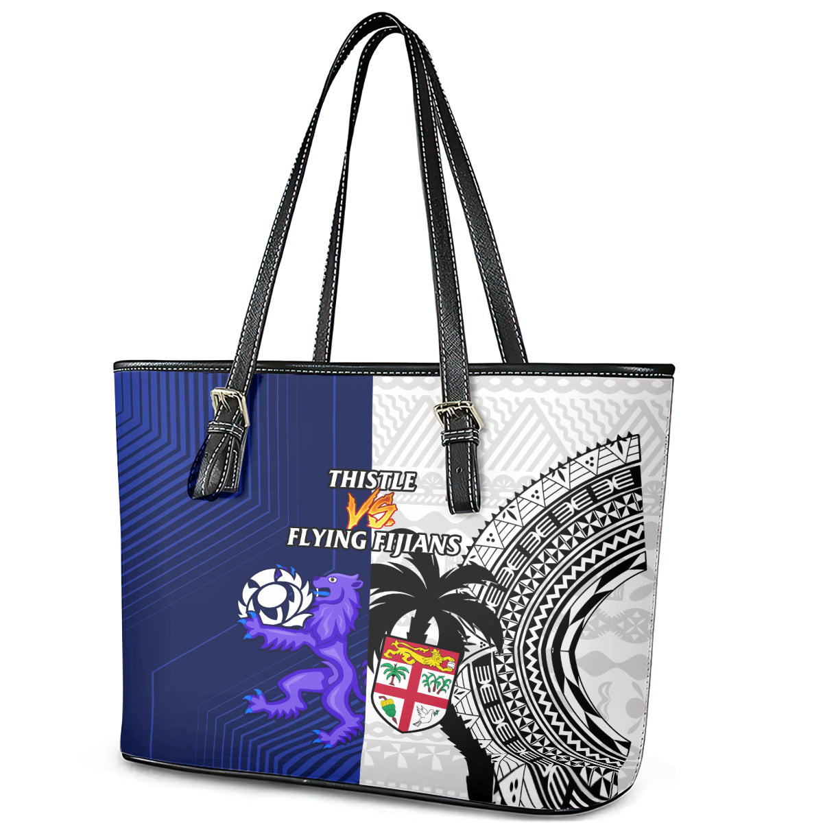 Fiji And Scotland Rugby Leather Tote Bag Fijian Tapa Pattern With Thistle LT14