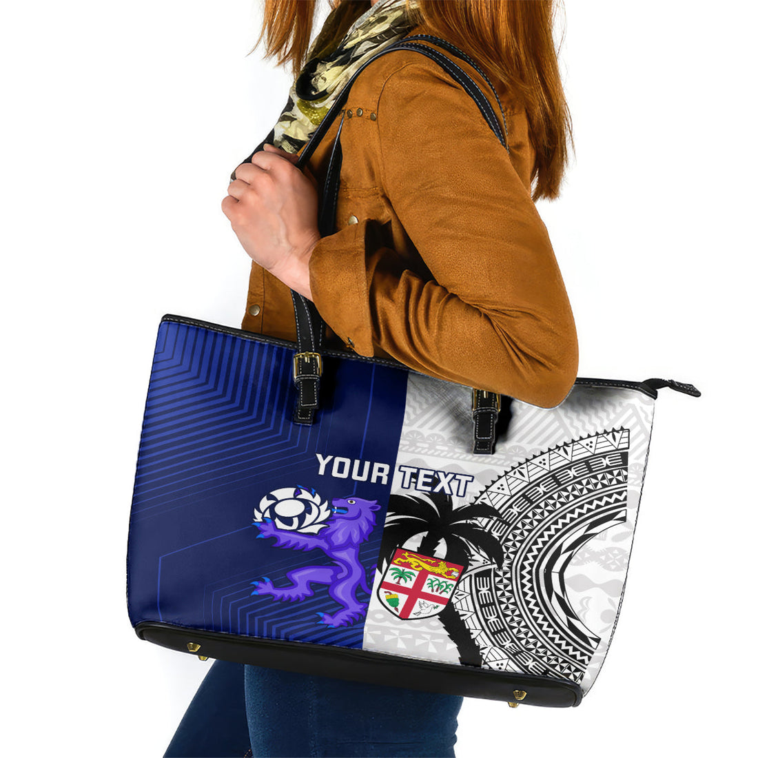 Custom Fiji And Scotland Rugby Leather Tote Bag Fijian Tapa Pattern With Thistle LT14